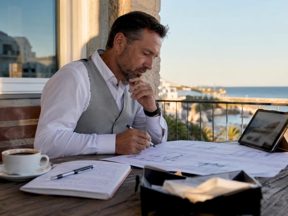 Agente inmobiliario trabajando en una oficina con impresionantes vistas al mar