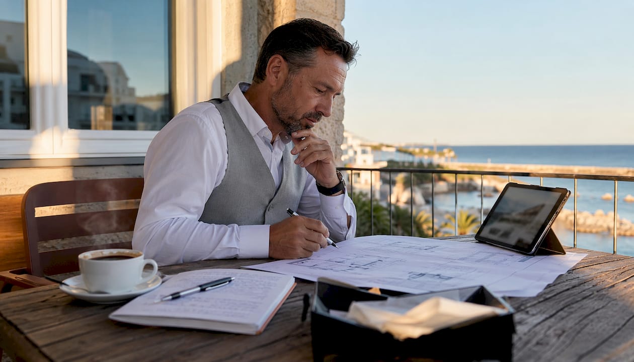 Agente inmobiliario trabajando en una oficina con impresionantes vistas al mar