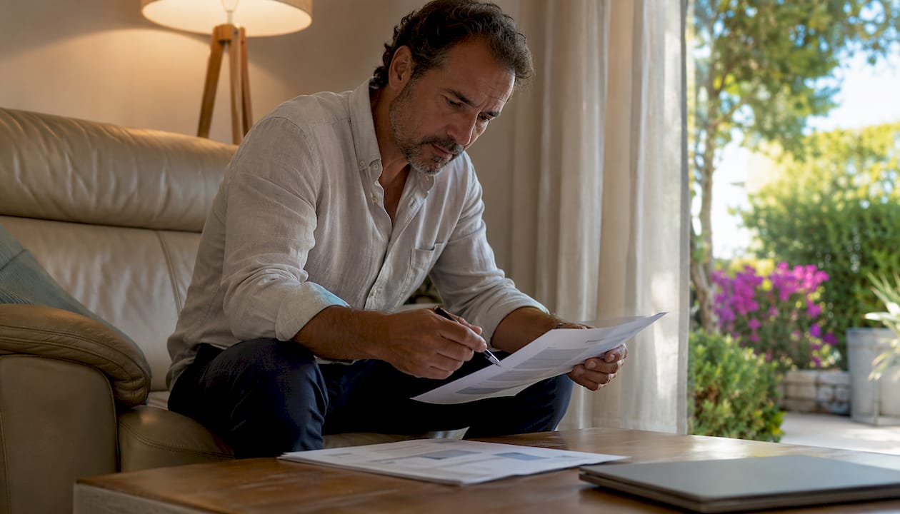 Asesor inmobiliario revisando los papeles relacionados con sus comisiones