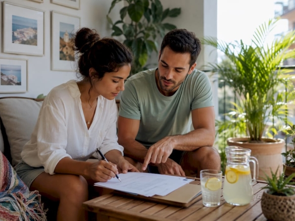 Couple reviewing property reservation contract