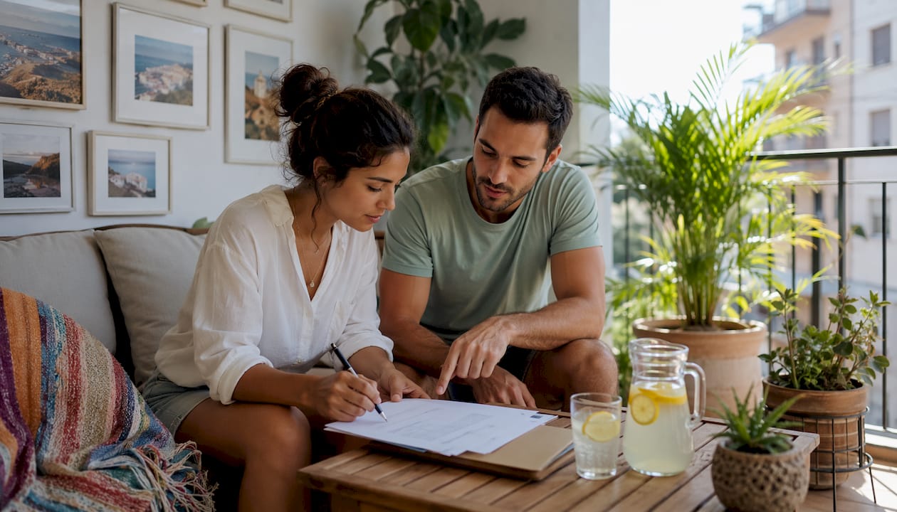 Couple reviewing property reservation contract