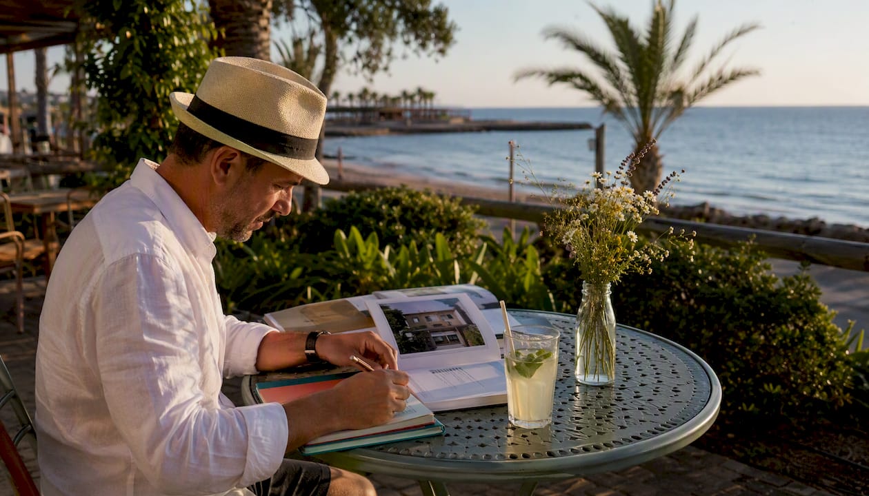 Hombre hojeando folletos de pisos en una terraza de Cambrils