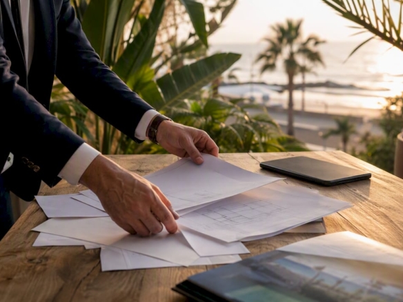 Hands organizing real estate contracts on table