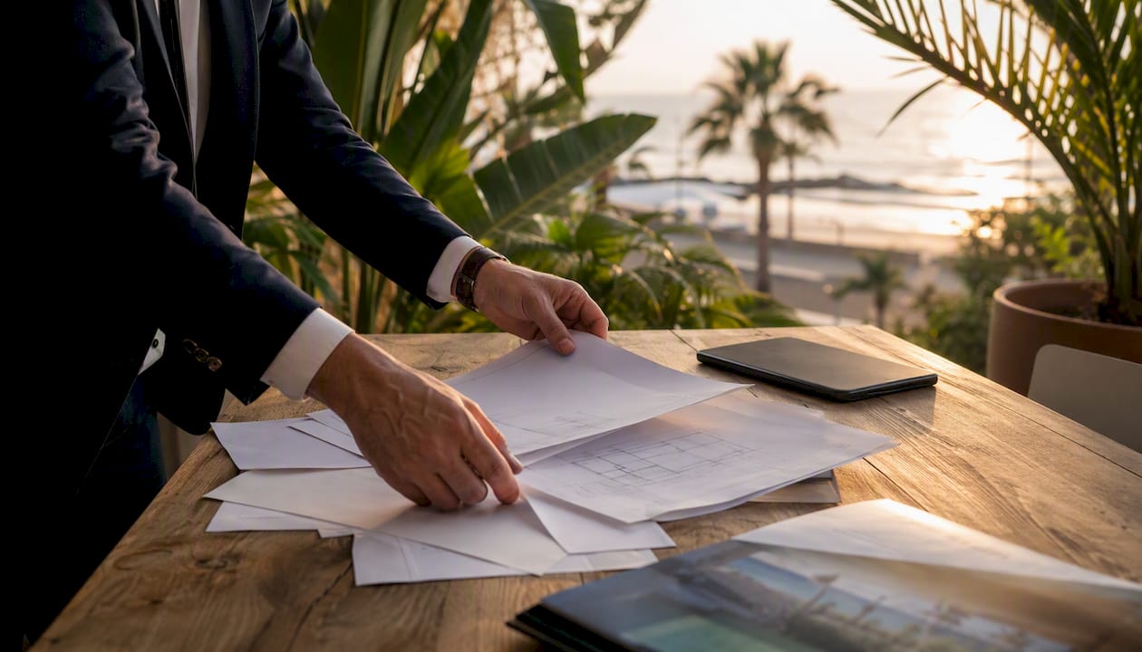 Hands organizing real estate contracts on table