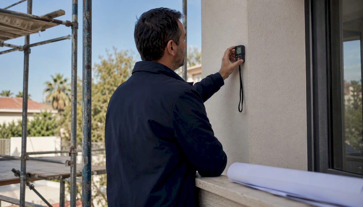 Un técnico realizando mediciones en la fachada de una vivienda