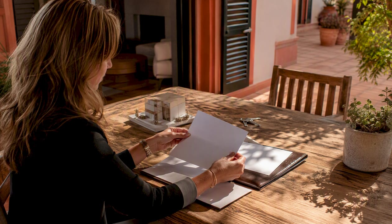 Manos revisando documentos de propiedad al aire libre