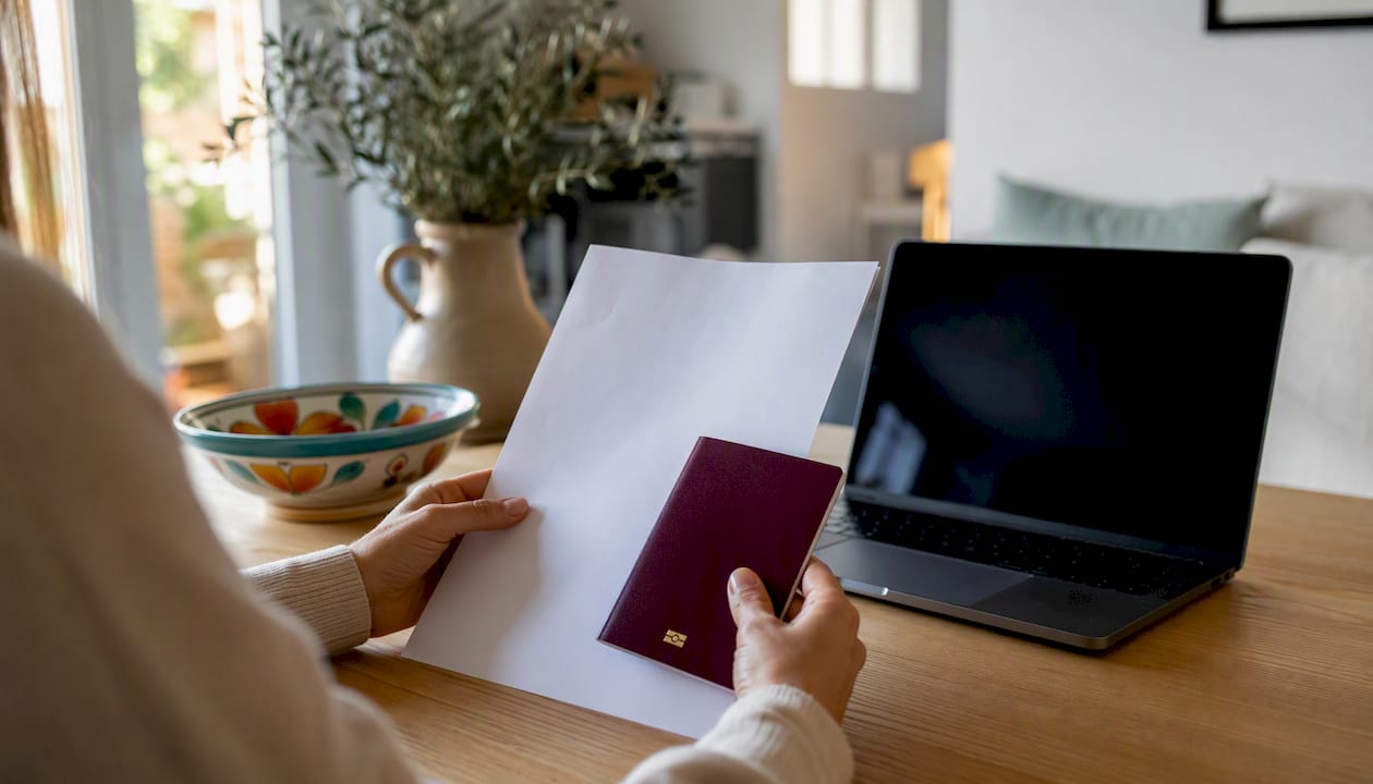 Unas manos sostienen sobre la mesa el formulario del NIE junto al pasaporte.