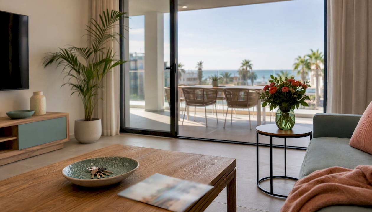 Bright vacation rental interior with sea view