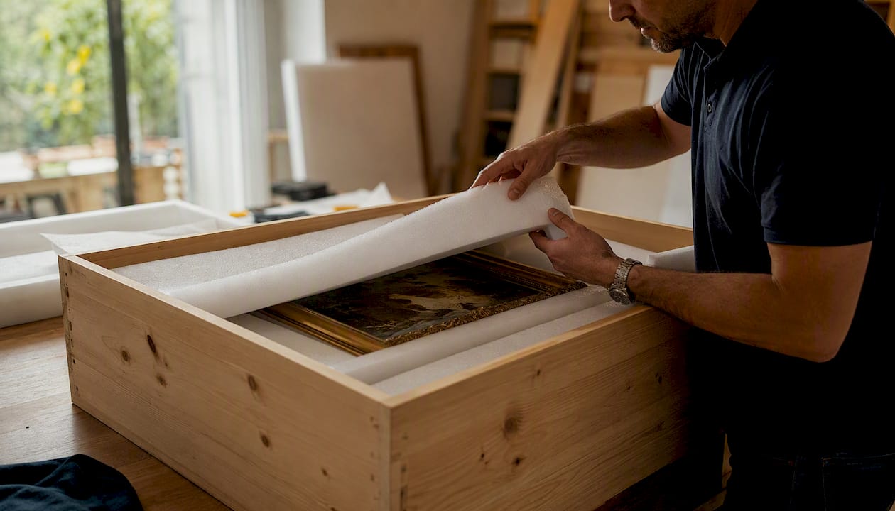 Custom crate with acid-free padding for artwork