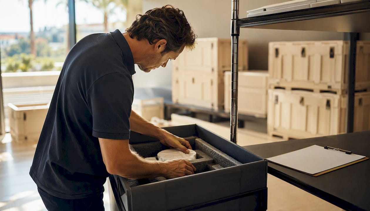 Hands preparing custom crate packing materials