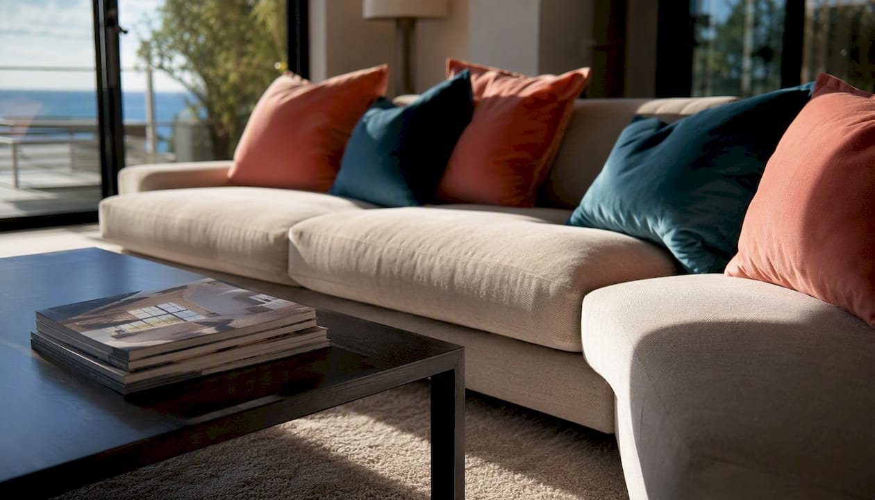 Bedroom corner with natural light and floorplan tablet