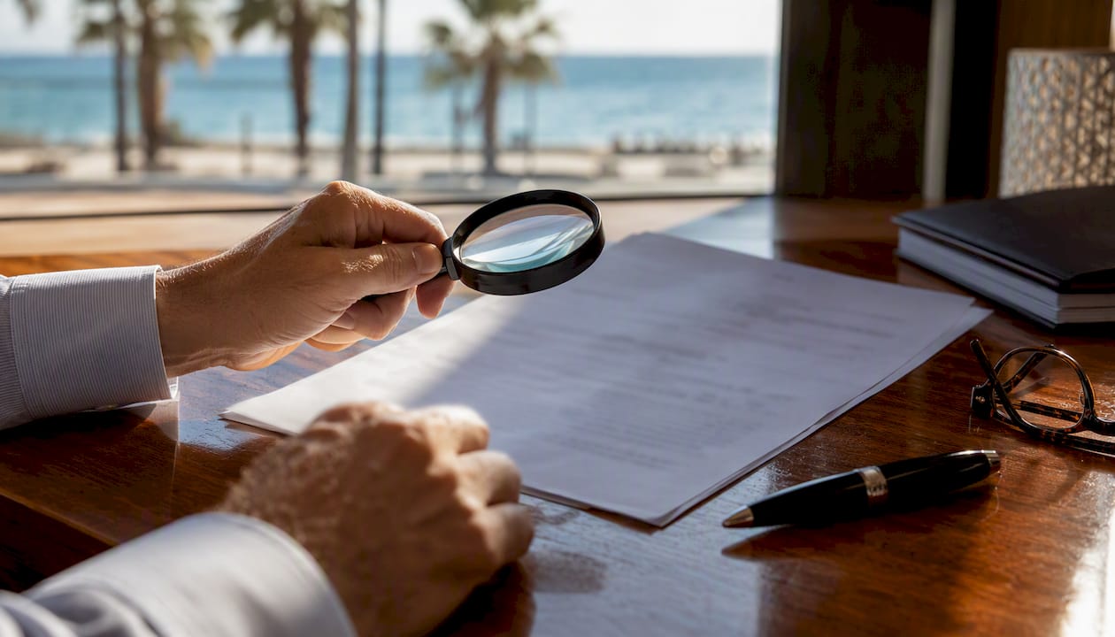 Hands inspecting land registry document with magnifying glass