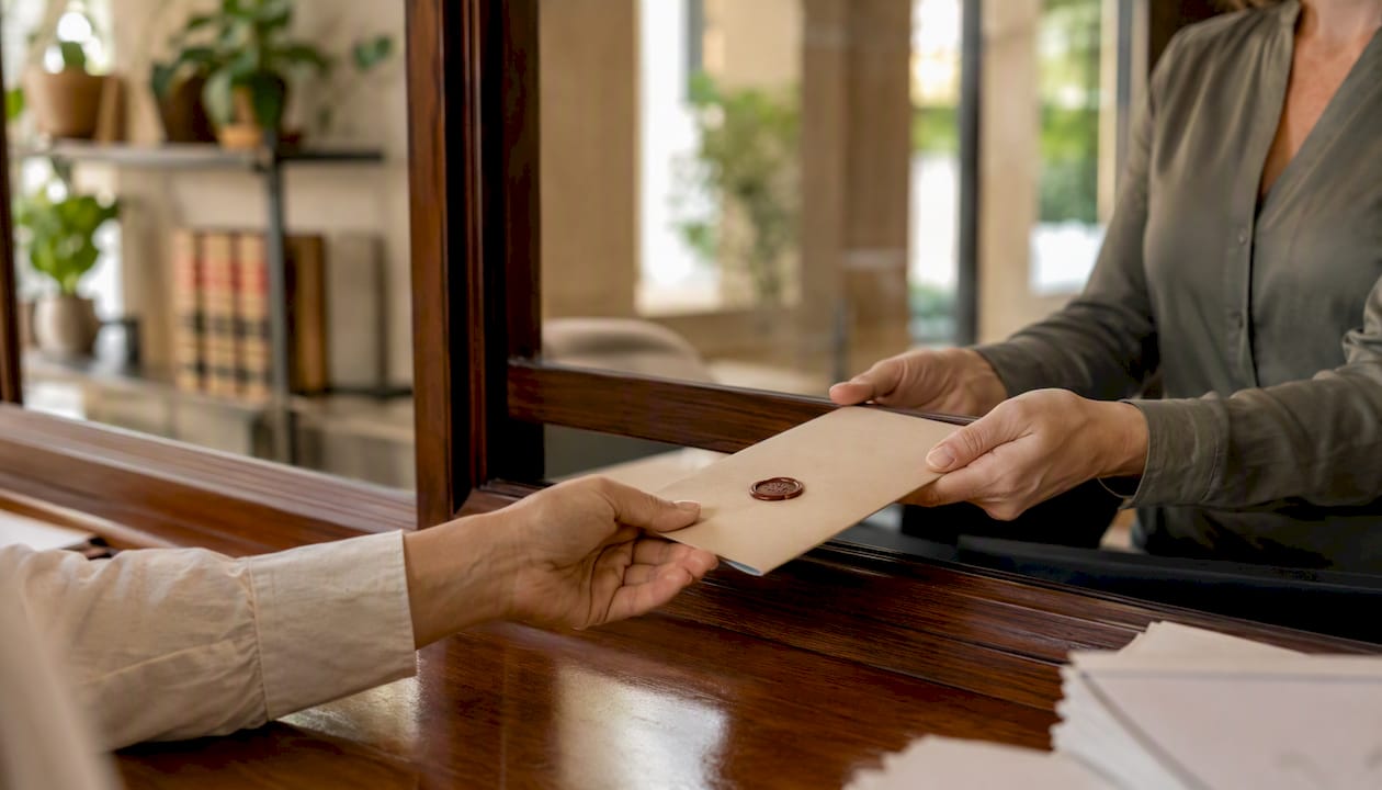 Notary handing official property deed at registry office