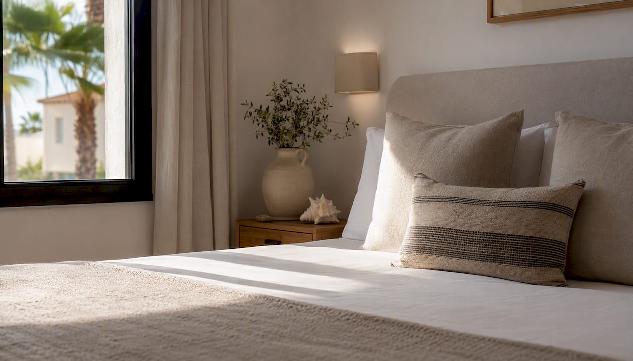 Neutral bed with mattress and linens in rental bedroom