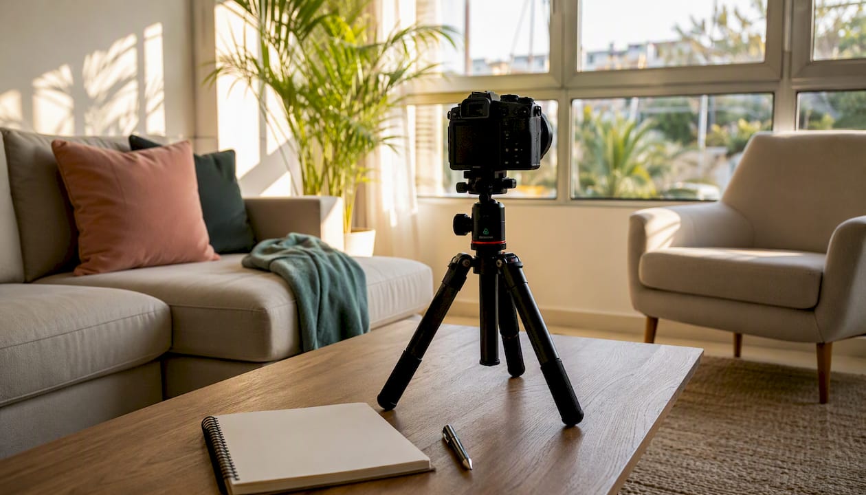 Camera photographing sofa for inventory in rental property
