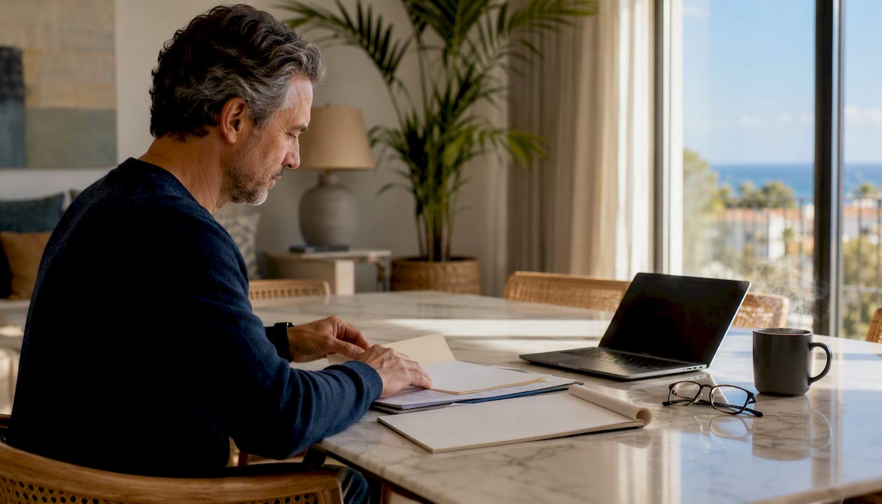 Buyer organizing negotiation materials in home