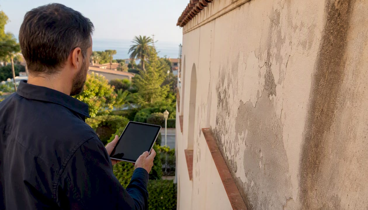 Inspector examining cracked exterior wall