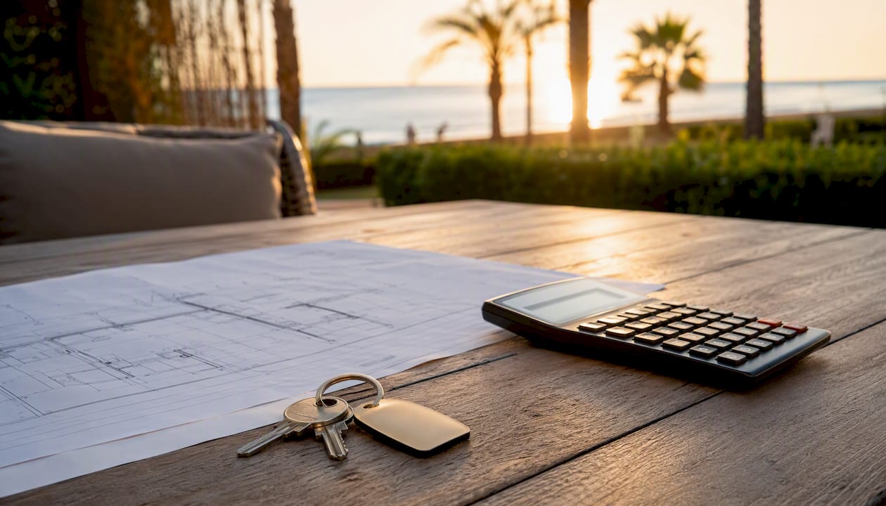 Sobre la mesa hay unos planos, una calculadora y las llaves de la casa de vacaciones.