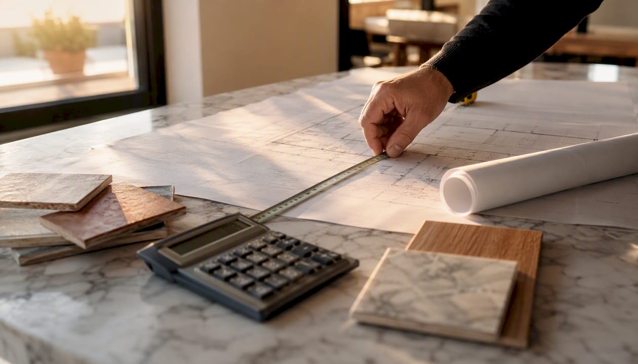 Una mano sostiene una regla sobre los planos de una casa, mientras una calculadora descansa cerca, lista para hacer cuentas.