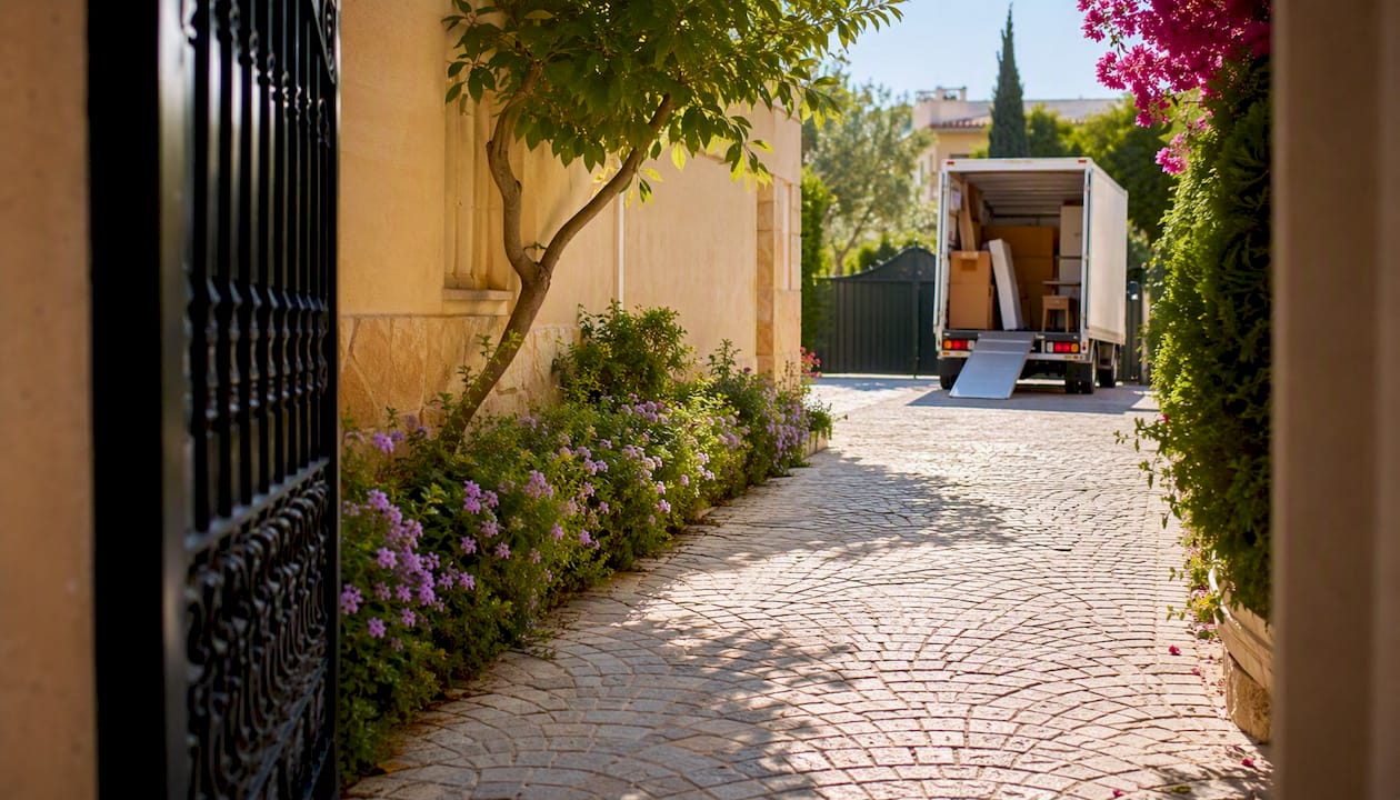Villa driveway with moving truck at narrow gate