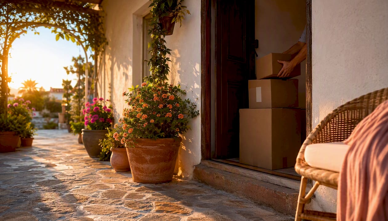 Villa entrance with moving boxes and hand lifting box