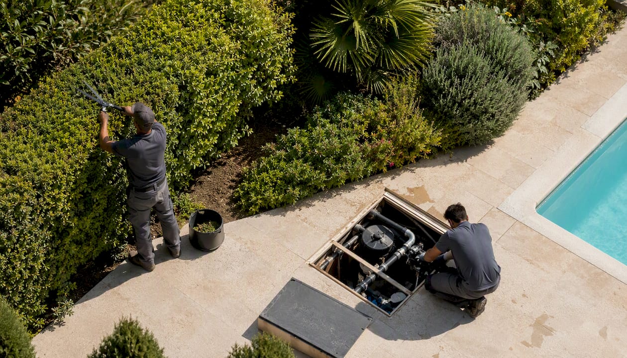 El equipo de mantenimiento está realizando labores en el jardín y la piscina.