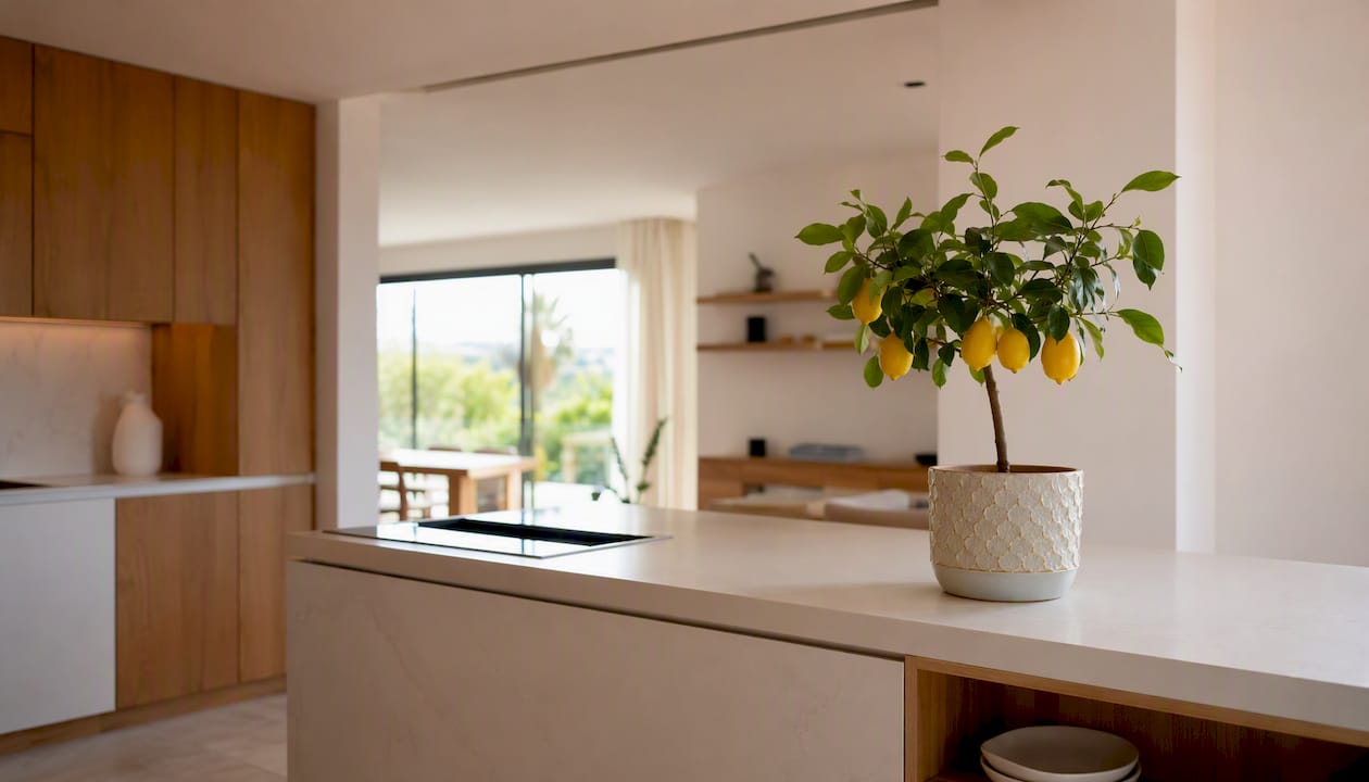 Well-lit staged modern kitchen interior from corner view