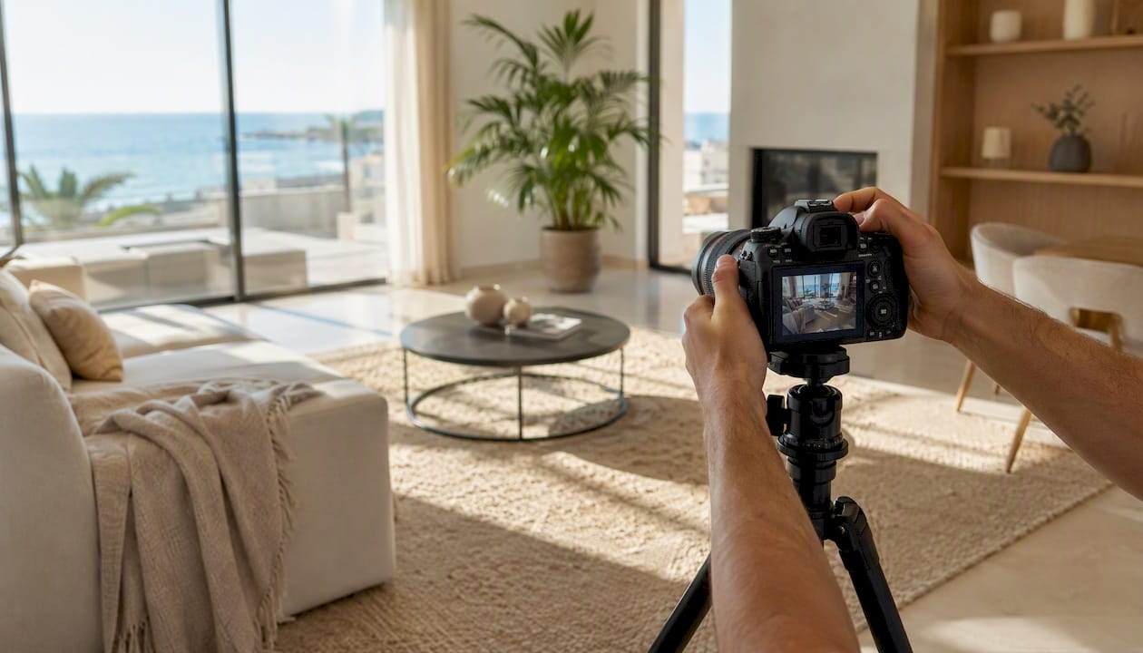 Photographer setting DSLR camera in luxury living room
