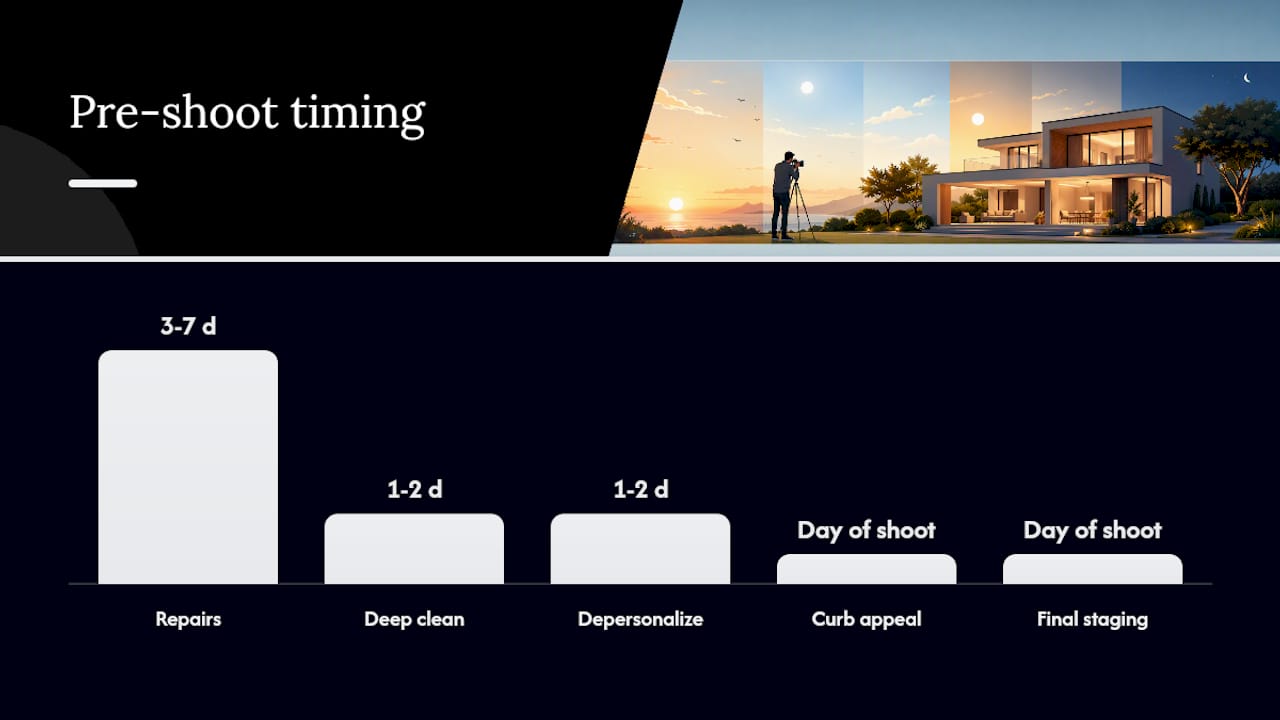 Checklist timeline for property photo shoot preparation tasks