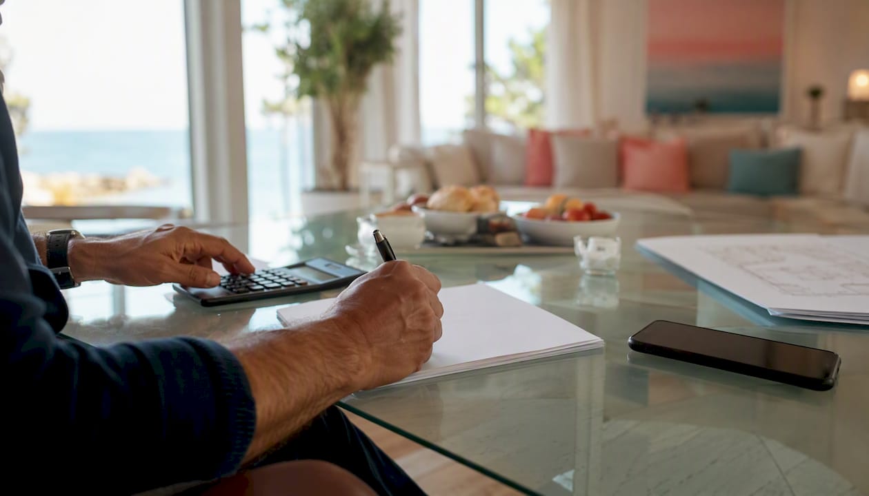 Hands calculating home budget with calculator