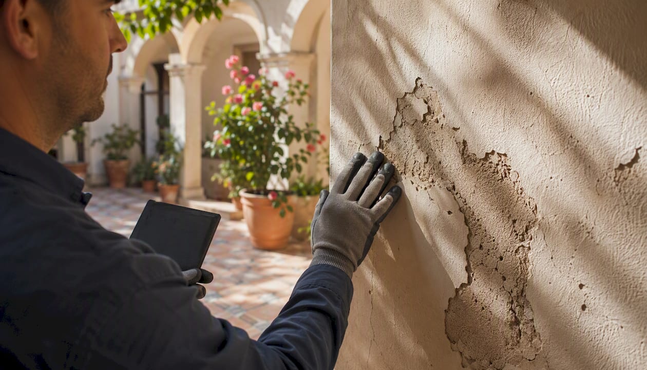 Inspector’s hands checking cracked plaster on home wall