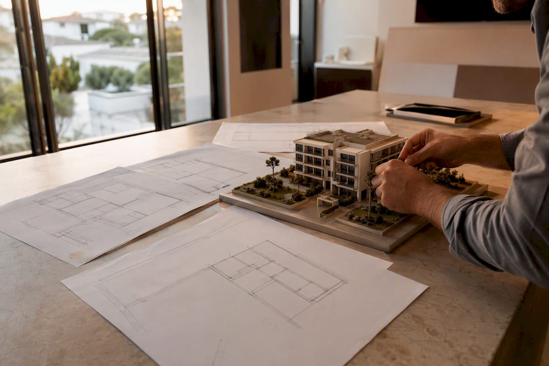Manos trabajando sobre una maqueta arquitectónica y revisando planos de construcción.