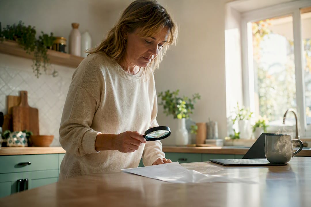 Person examining property documents with magnifier