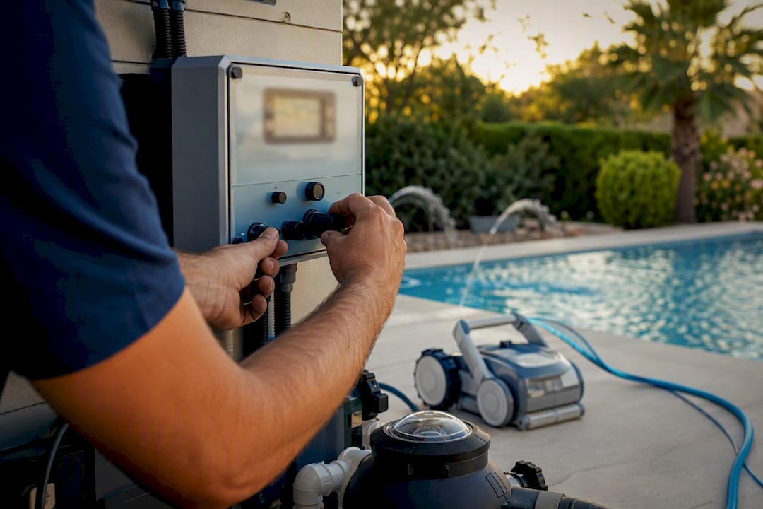 Technician adjusting luxury pool automation control panel