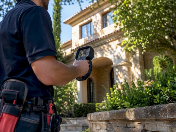 Inspector scanning luxury estate facade with thermal camera