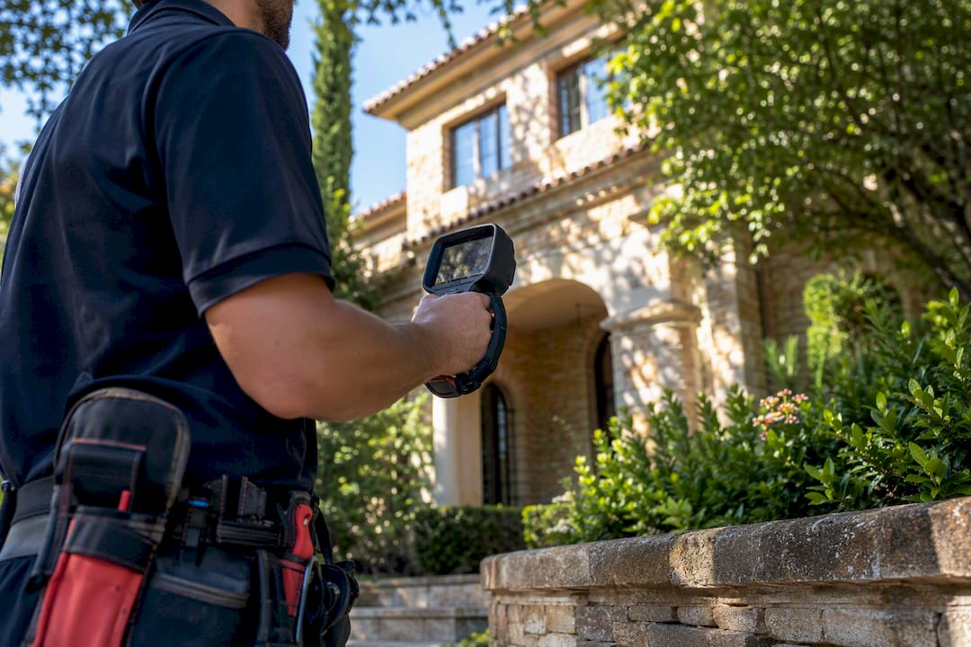 Inspector scanning luxury estate facade with thermal camera