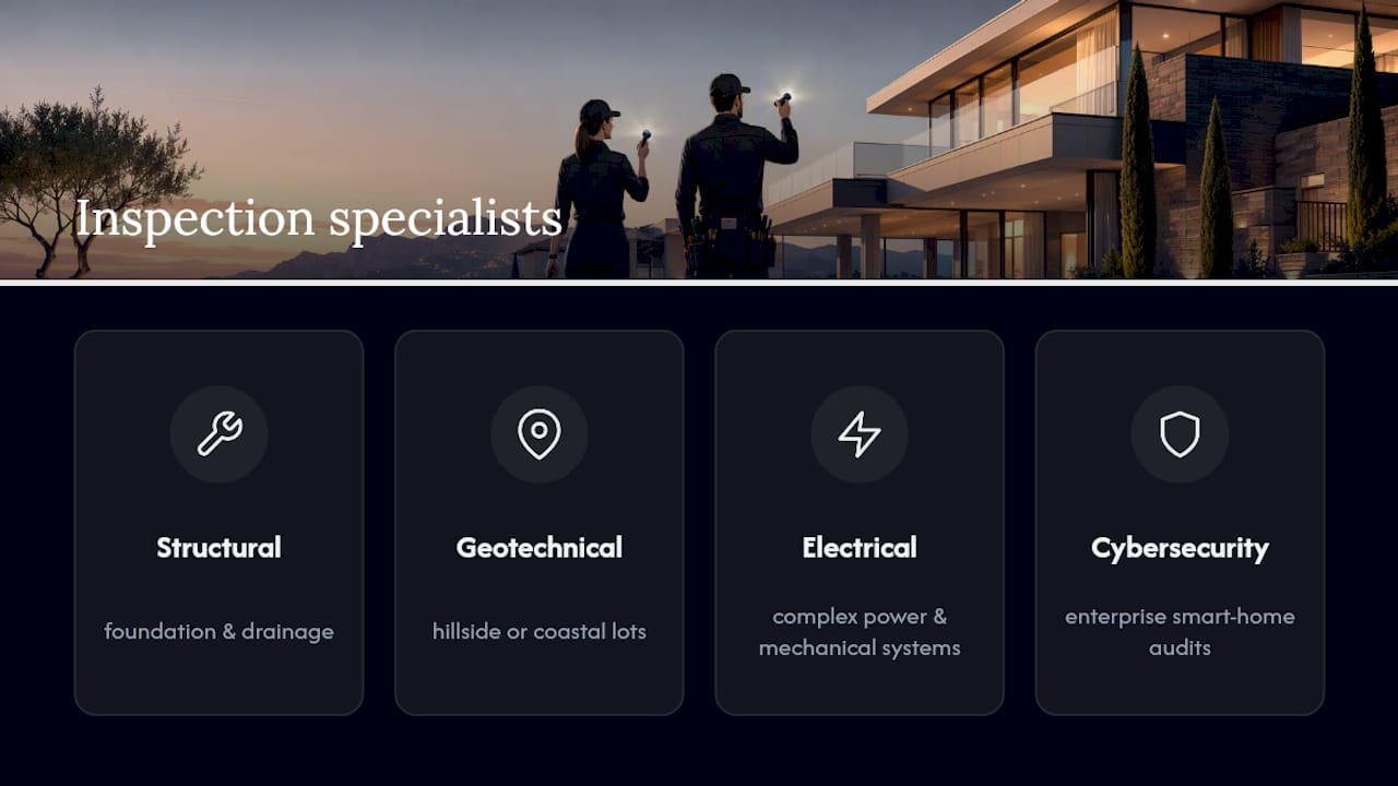 Diagram of luxury home inspection specialists and roles