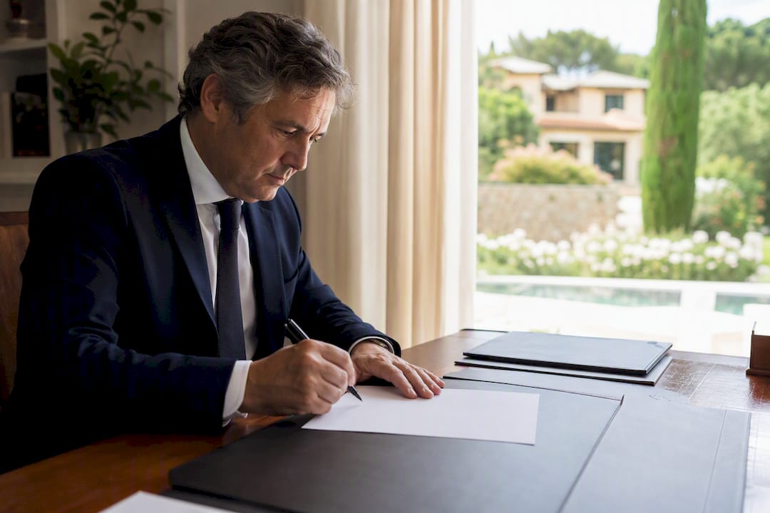 Escritorio de notario con pluma y sellos oficiales