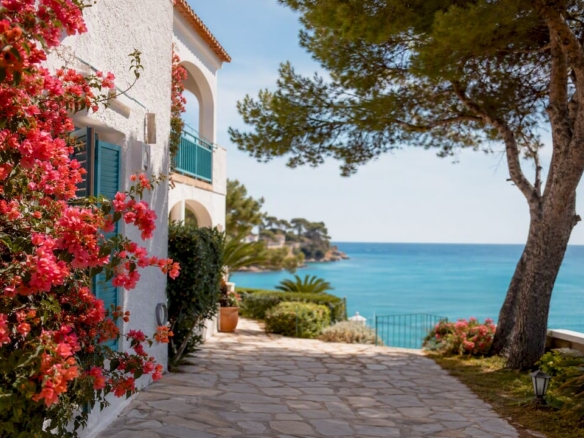Mediterranean coastal home with beach view