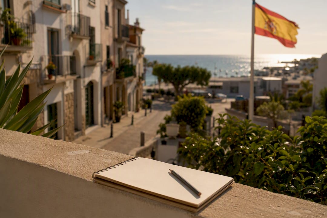 Cambrils street with bank entrance and flag