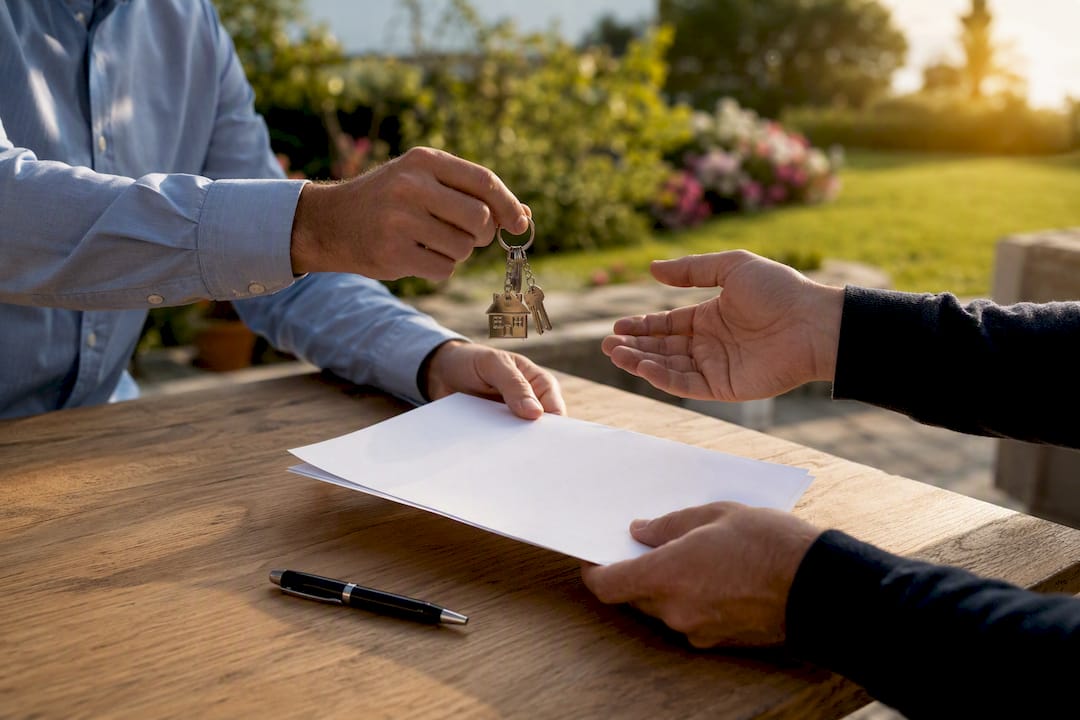 Manos entregando llaves junto con el contrato de arras