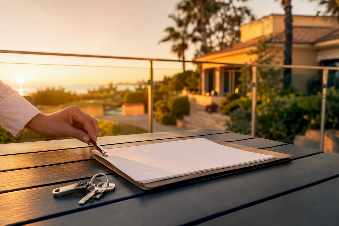 Llaves y contrato sobre la mesa de entrada de la villa