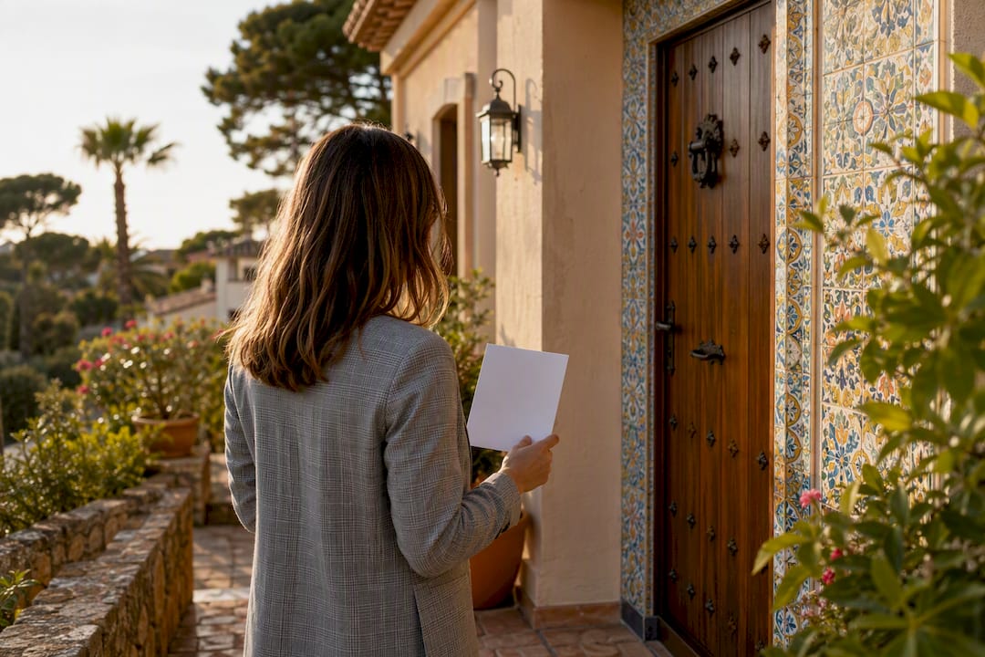 Hand holding blank certification outside Catalan home