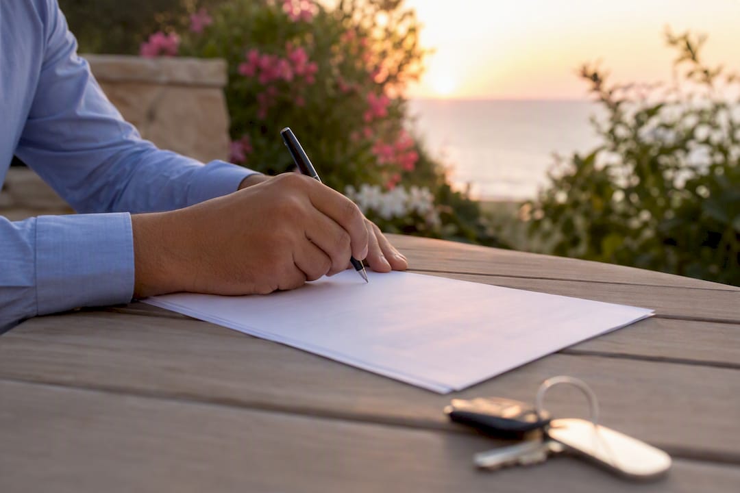 Manos firmando un documento de compra de propiedad