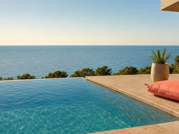 Luxury villa pool overlooking Vilafortuny sea