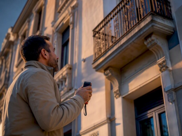 Técnico verificando el valor de una fachada residencial