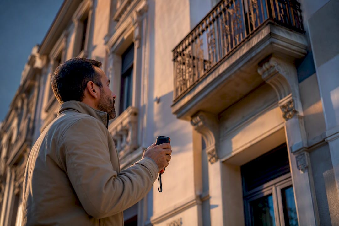 Técnico verificando el valor de una fachada residencial