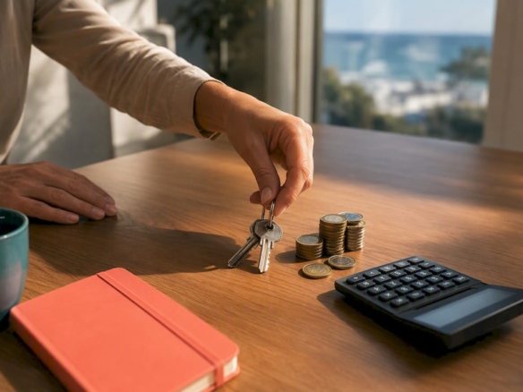 Euro coins and keys at property sale closing