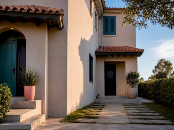 Adjoining Mediterranean townhouse façades