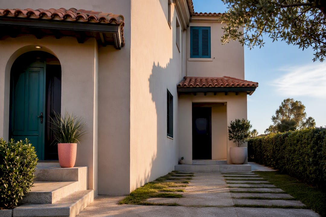 Adjoining Mediterranean townhouse façades